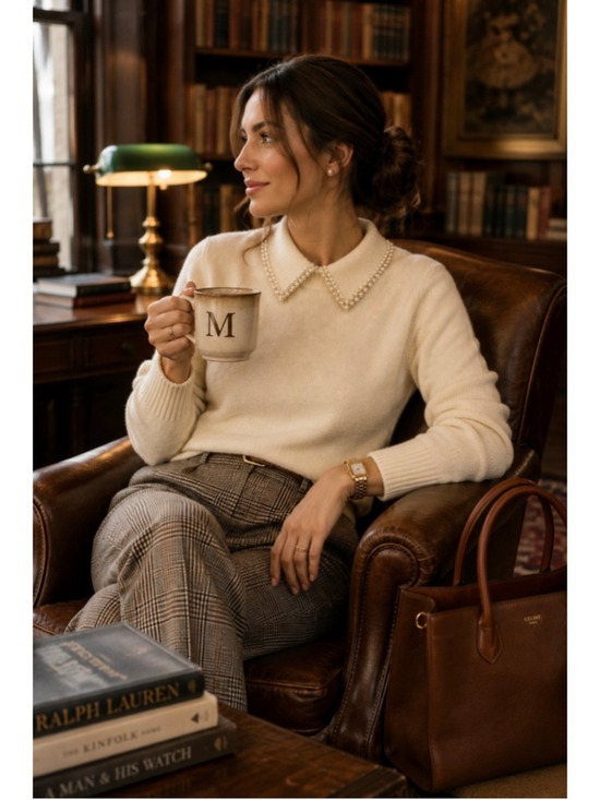 H&M Sweaters - H&M Cream Pearl Embellished Peter Pan Collar Sweater Size Small Soft Knit Preppy